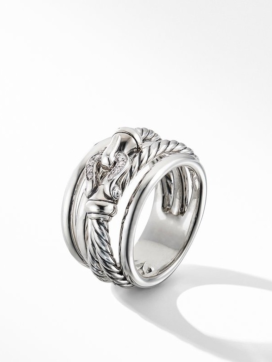 David Yurman Crossover Buckle Ring in Sterling Silver with Pavé Diamonds - Picture 3 of 8